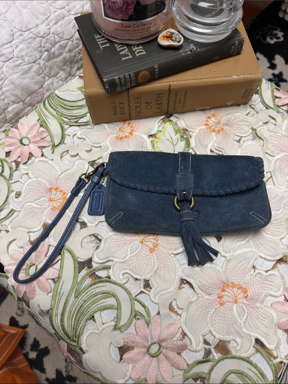 Coach Navy Suede Tassel Wristlet Clutch